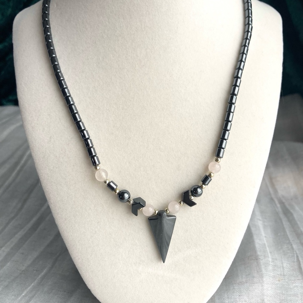 Vintage Hematite Arrowhead Pendant Beaded Necklace